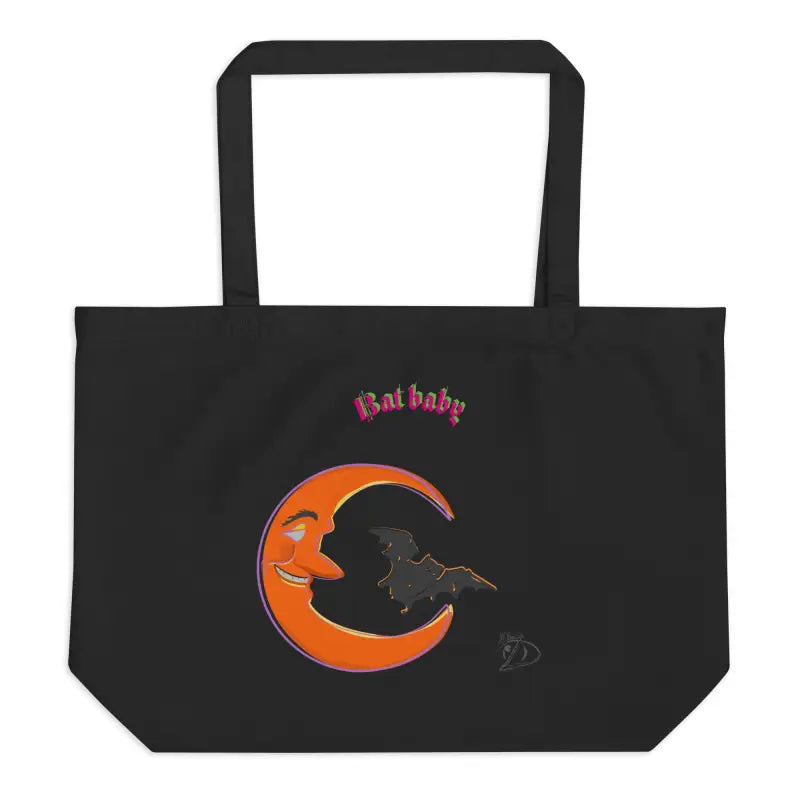 Black tote bag featuring moon and bat design, perfect for Bat Baby Halloween style