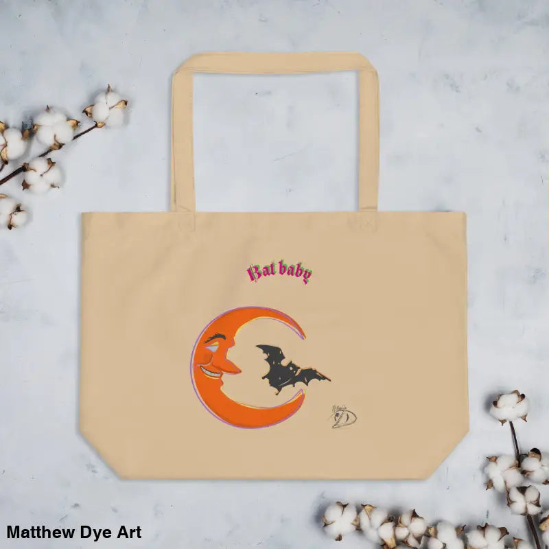 Beige Bat Baby Retro Tote Bag featuring a moon and bat design for Halloween