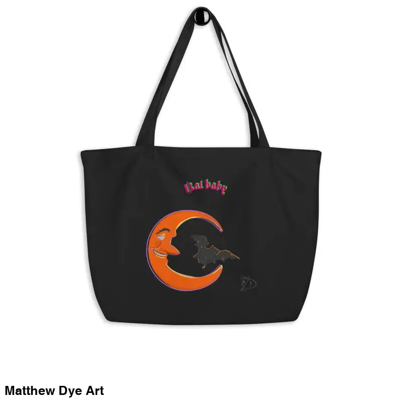 Black retro tote bag featuring moon and bat design for Halloween and Bat Baby enthusiasts
