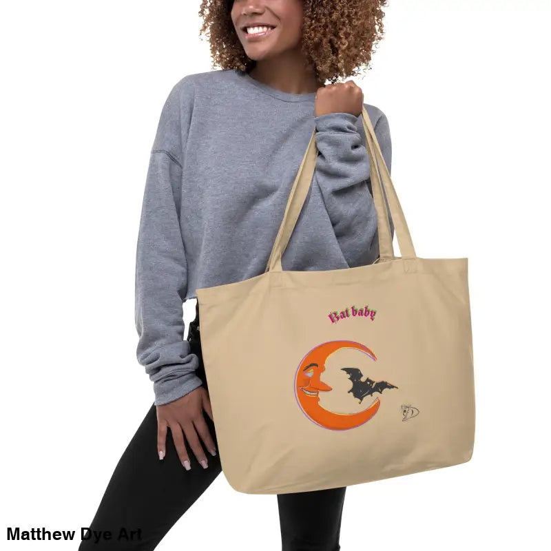 Beige Bat Baby Retro Tote Bag featuring moon and bat design for Halloween enthusiasts