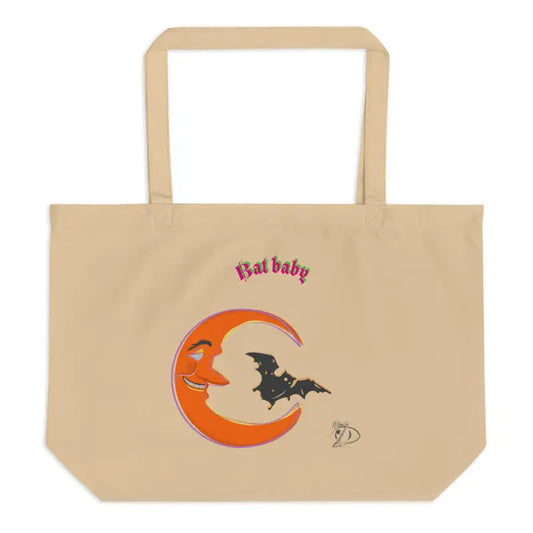 Beige Bat Baby Retro Tote Bag featuring bat and moon design for a stylish Halloween carry