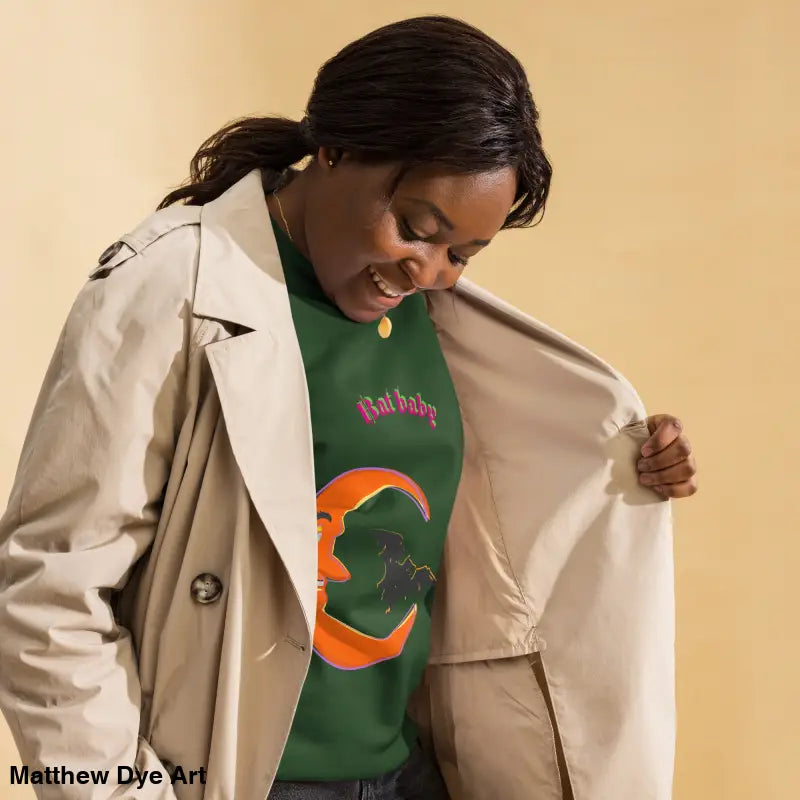 Green unisex Bat Baby sweatshirt featuring a moon and bat design, perfect for Halloween