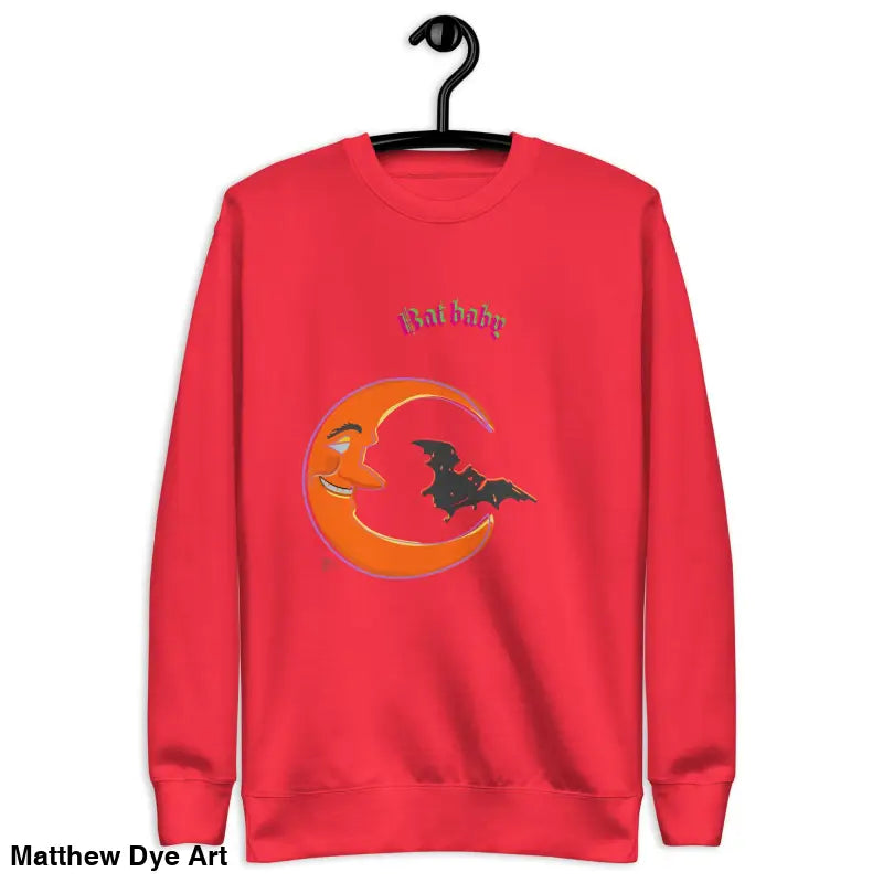 Red unisex Bat Baby sweatshirt featuring a moon and bat design for Halloween vibes