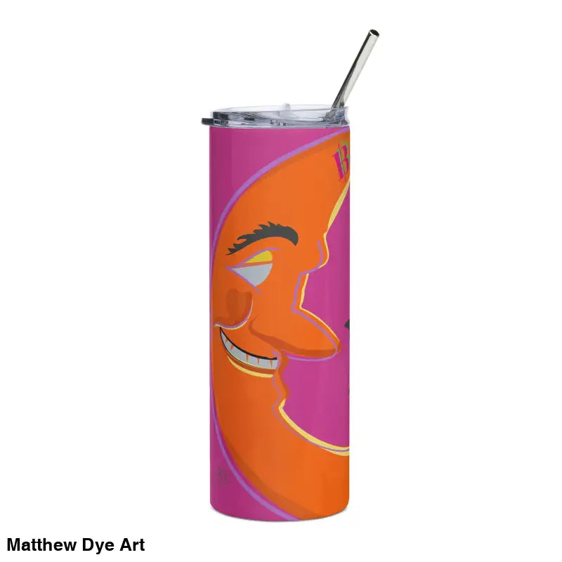 Pink and orange Bat Baby stainless steel tumbler with abstract smiling face design
