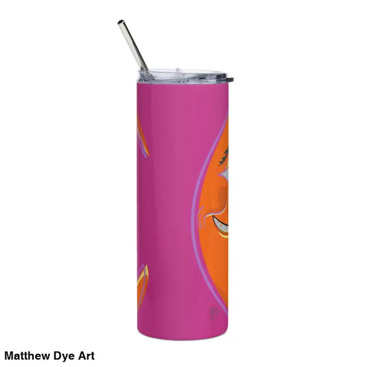 Pink and orange Bat Baby stainless steel tumbler with metal straw for nostalgic Halloween design