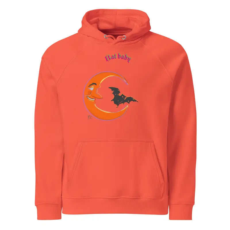 Orange Bat Baby unisex art hoodie featuring whimsical moon and bat design for playful retro Halloween