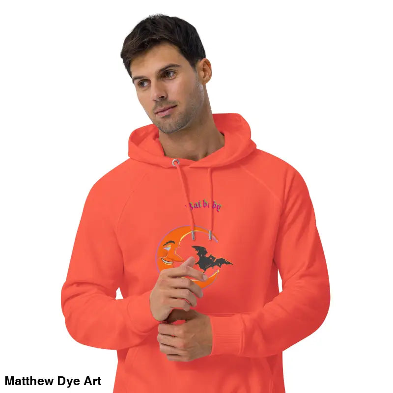 Orange Bat Baby Unisex Art Hoodie featuring moon and bat design for playful Retro Halloween