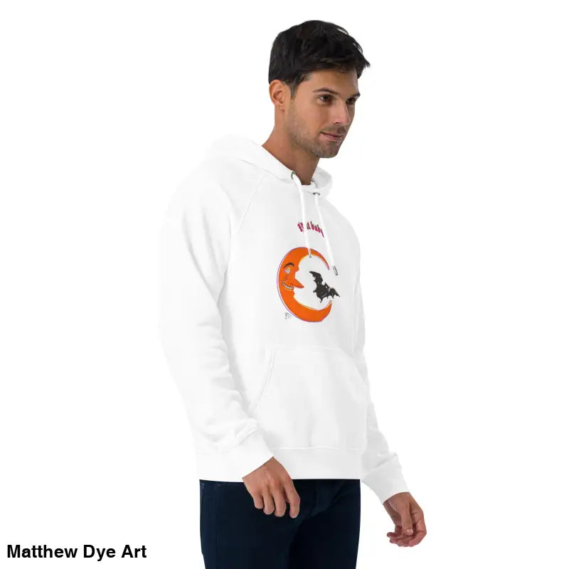 White hoodie featuring playful retro Halloween graphic from Bat Baby Unisex Art Hoodie
