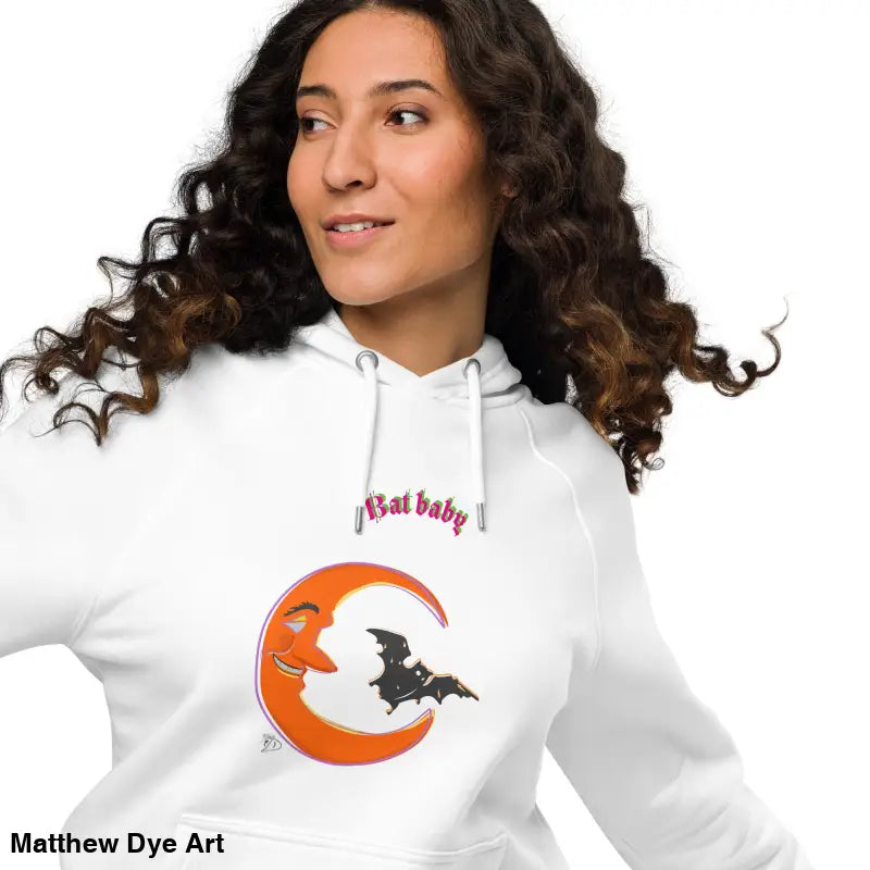 White hoodie featuring Bat Baby design for playful retro Halloween vibes. Unisex art hoodie