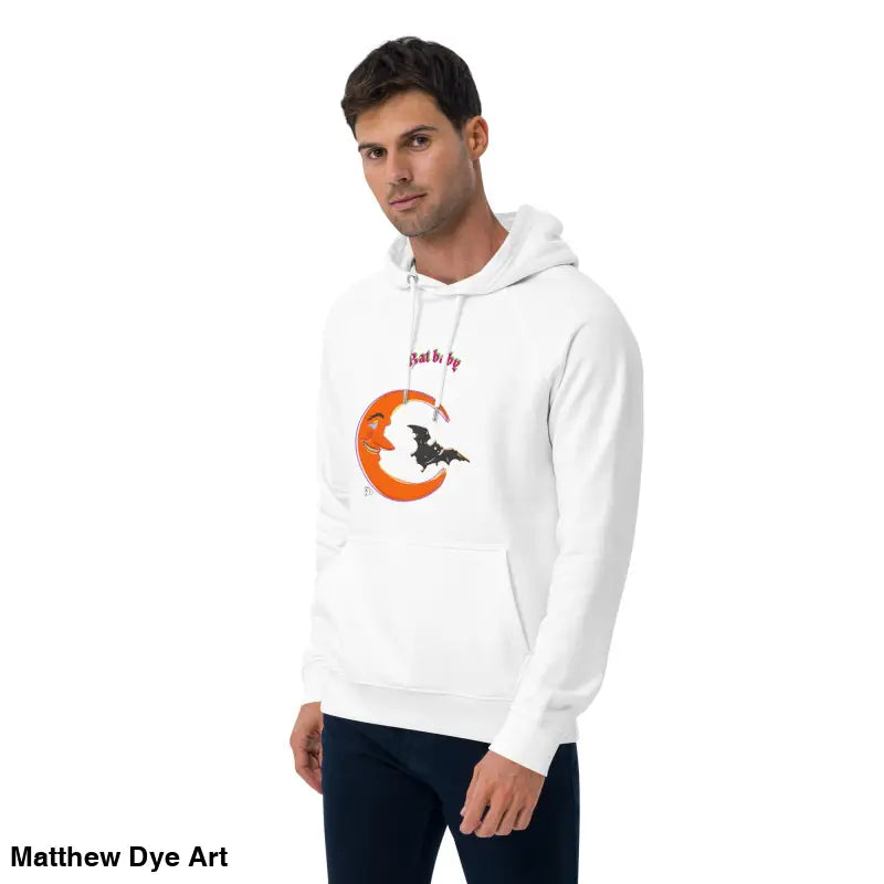 White hoodie featuring playful Retro Halloween Bat Baby graphic for unisex art style