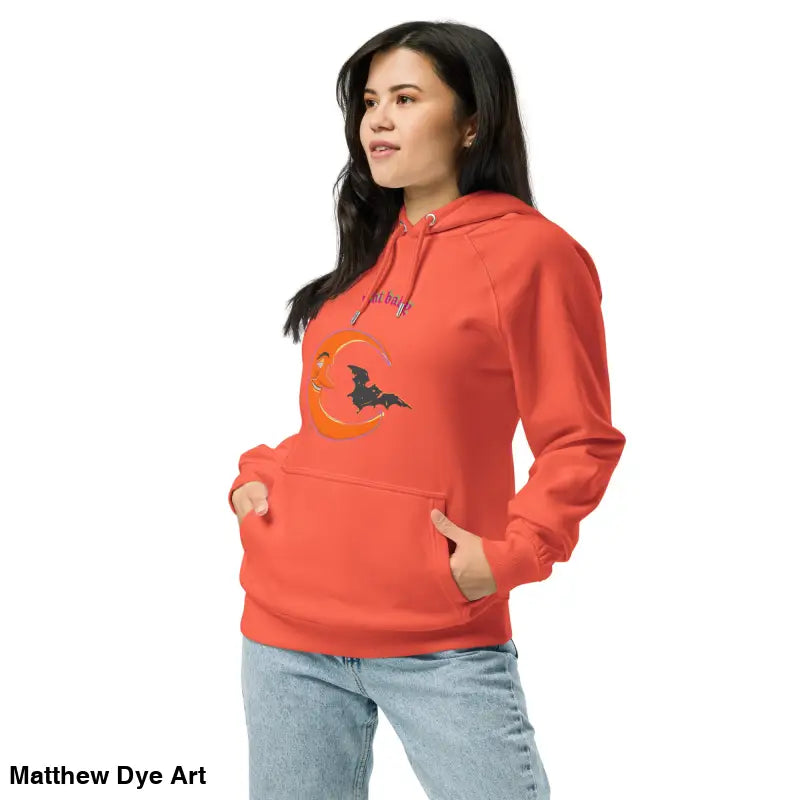 Red hoodie featuring bat and moon design for a playful retro Halloween style