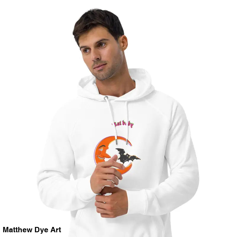 White Hooded Sweatshirt featuring Bat Baby design for Playful Retro Halloween vibes