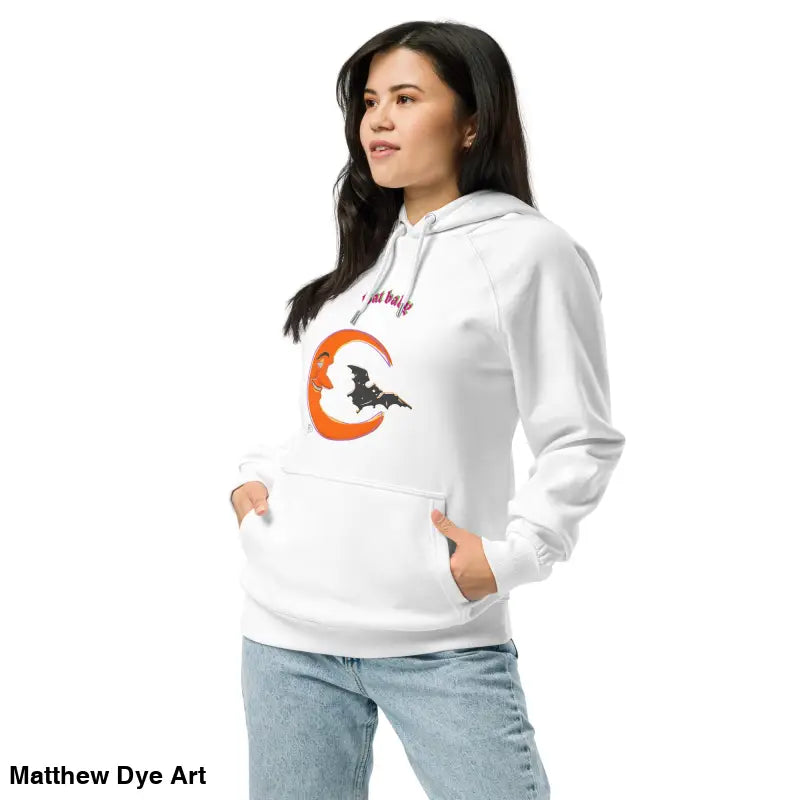 White Hoodie featuring Bat Baby design for playful retro Halloween style. Unisex Art Hoodie