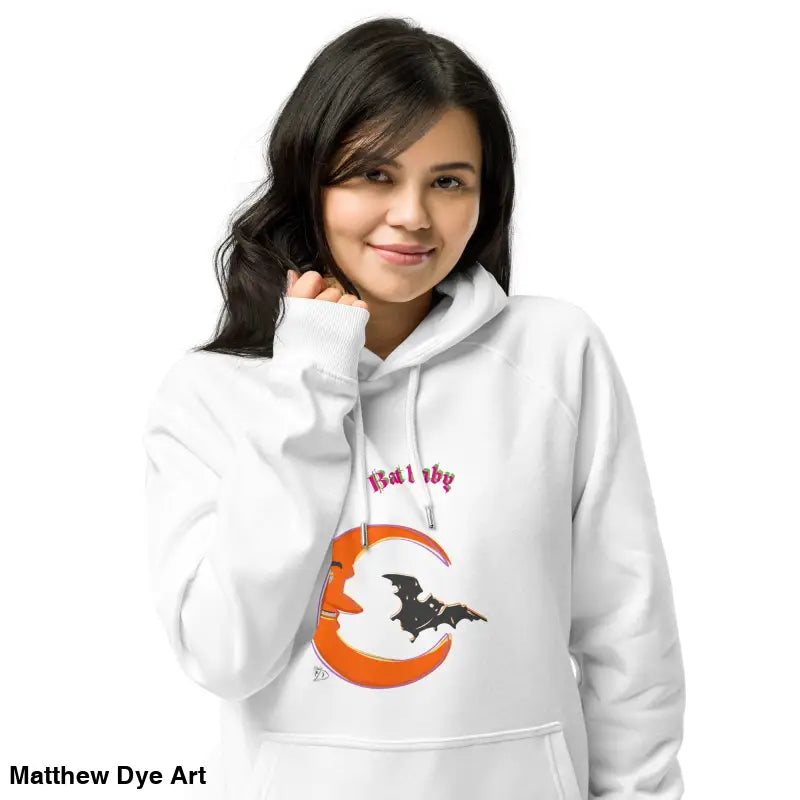 White Bat Baby unisex art hoodie featuring playful retro Halloween graphic design