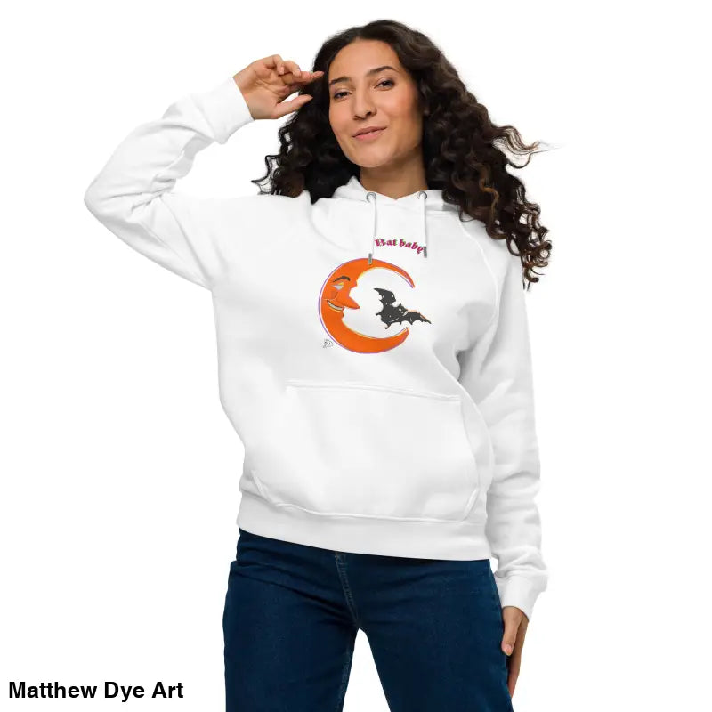 White unisex art hoodie featuring a moon and bat graphic for playful retro Halloween vibes