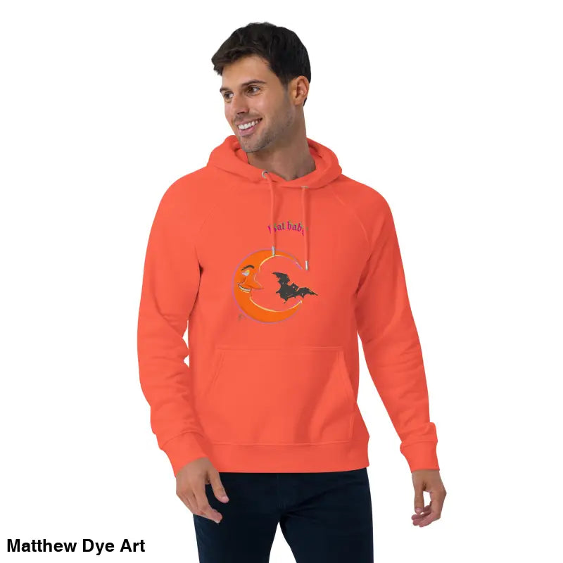 Orange Bat Baby Unisex Art Hoodie featuring moon and bat design for playful retro Halloween