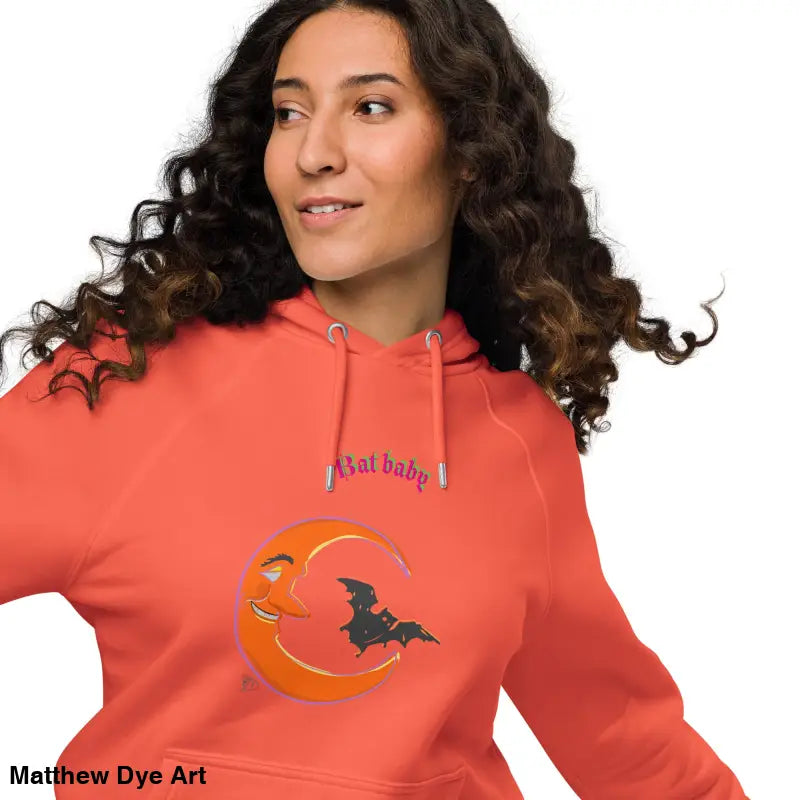 Coral Bat Baby Unisex Art Hoodie featuring playful moon and bat design for Halloween