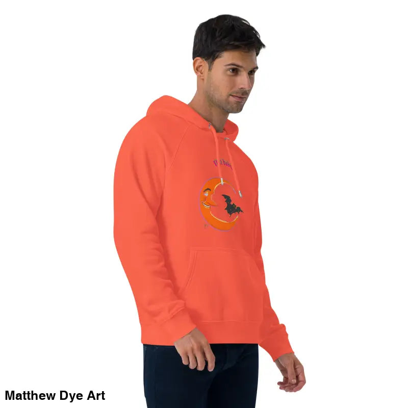 Orange Bat Baby Unisex Art Hoodie featuring playful retro Halloween design