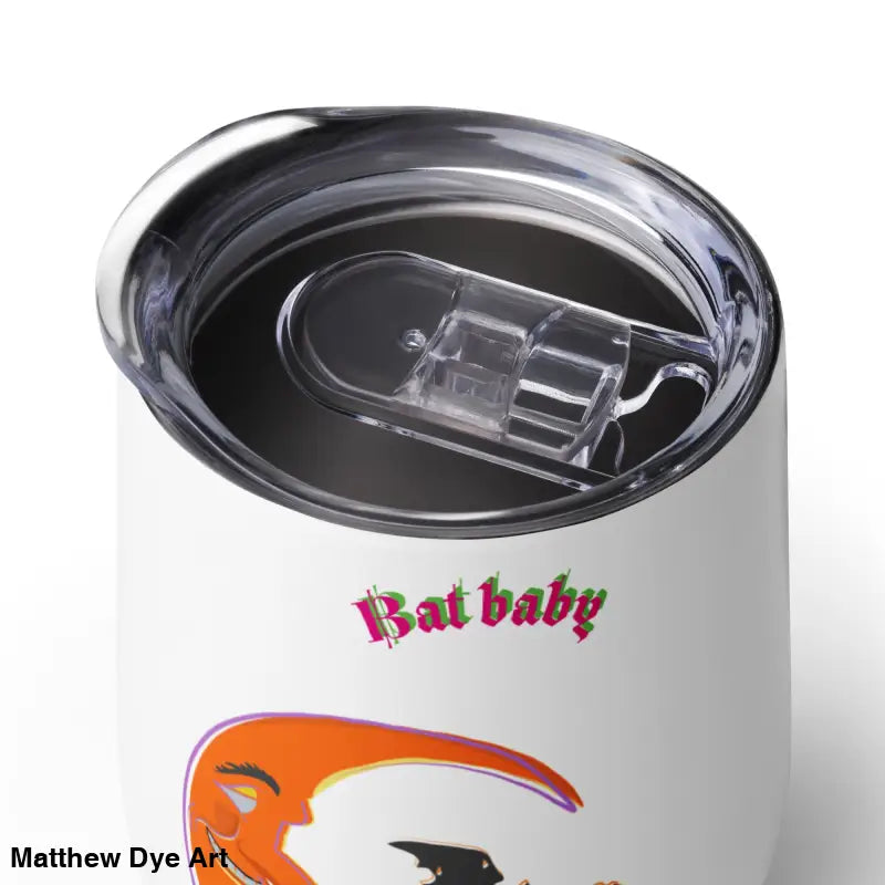 White stainless steel tumbler with lid, Bat Baby design for retro Halloween sipping