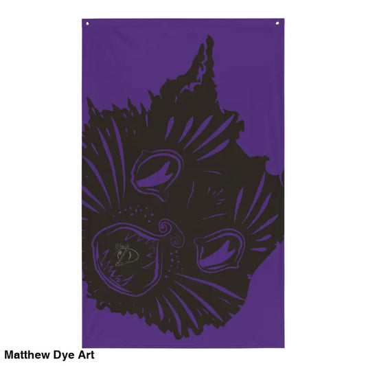 Purple banner featuring a black cat design for the Ah Kitty Head Halloween Flag