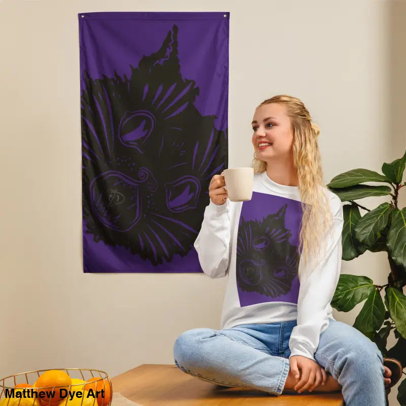 Purple Halloween flag and sweatshirt featuring black dog design for spooky Halloween décor