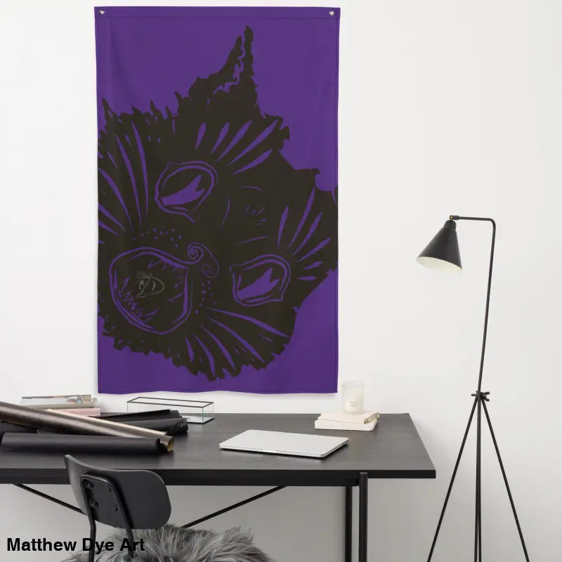 Purple tapestry featuring a black cat face on the Ah Kitty Head Halloween flag