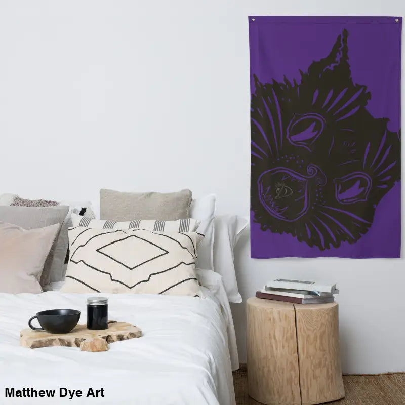 Purple cat tapestry featured on Big Witch Energy Ah Kitty Head Halloween Flag for spooky décor