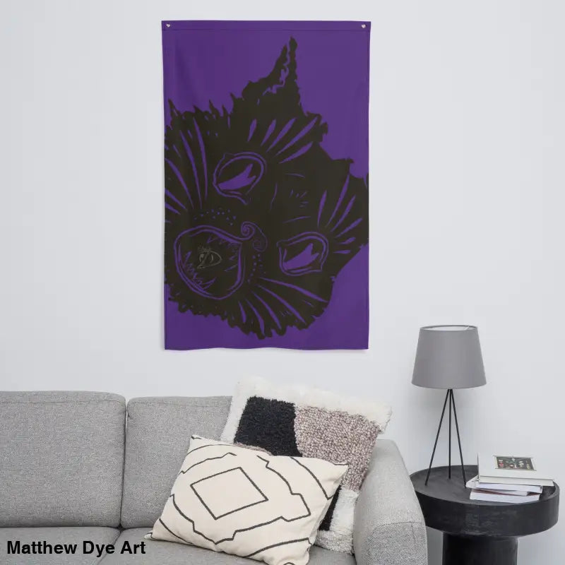 Purple cat tapestry on the Ah Kitty Head Halloween Flag for spooky Halloween décor