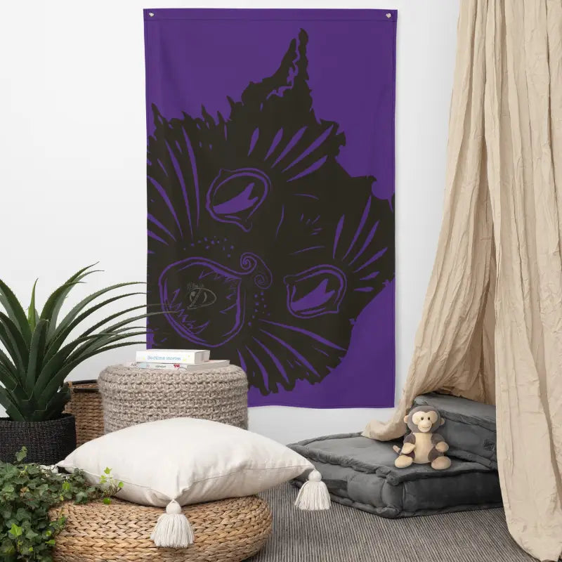 Purple Cat Tapestry on Big Witch Energy Ah Kitty Head Halloween Flag for Spooky Halloween Décor