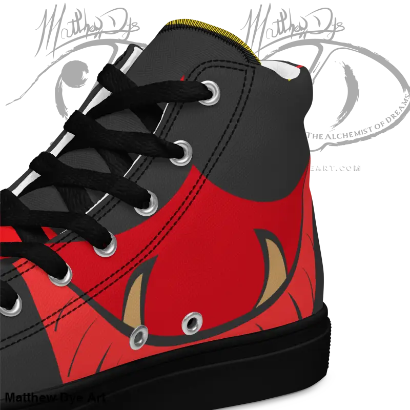 Red and black high-top canvas shoes featuring a bold artistic fish design for women