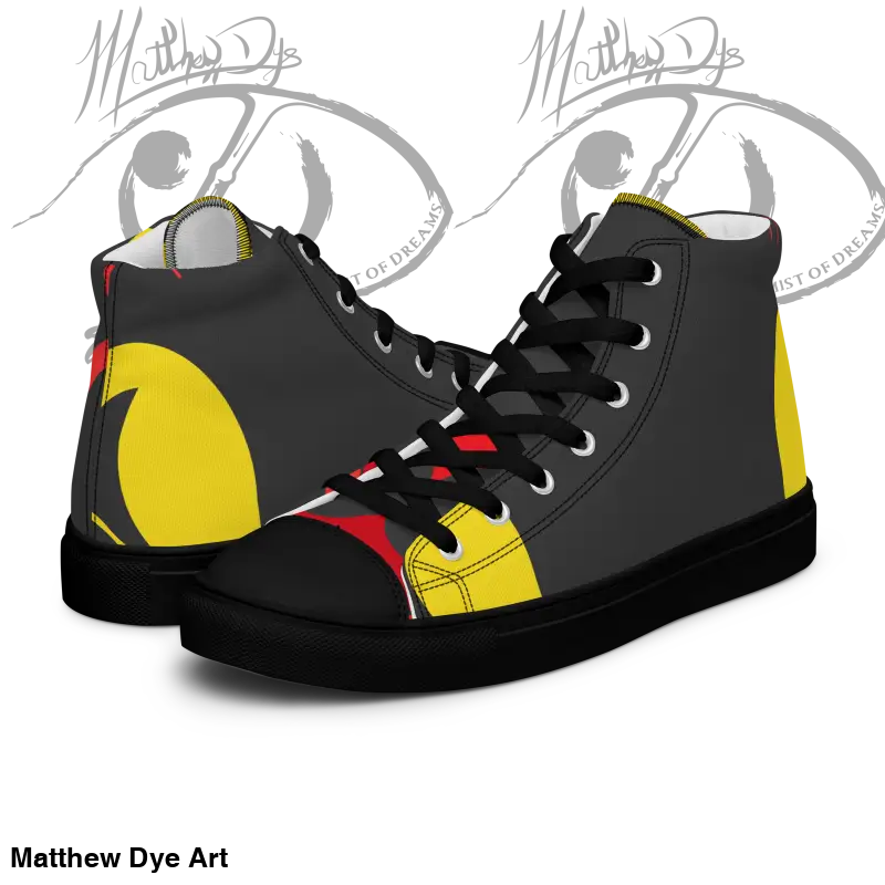 High-top canvas shoes featuring a black, yellow, and red geometric design for women