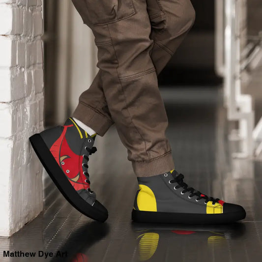High-top canvas shoes in black, red, and yellow for bold women; Black Cat design