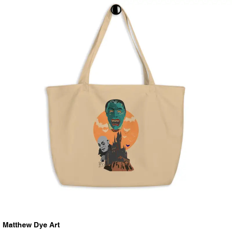Beige organic cotton tote featuring Matthew Dye art in a cute Halloween collection design