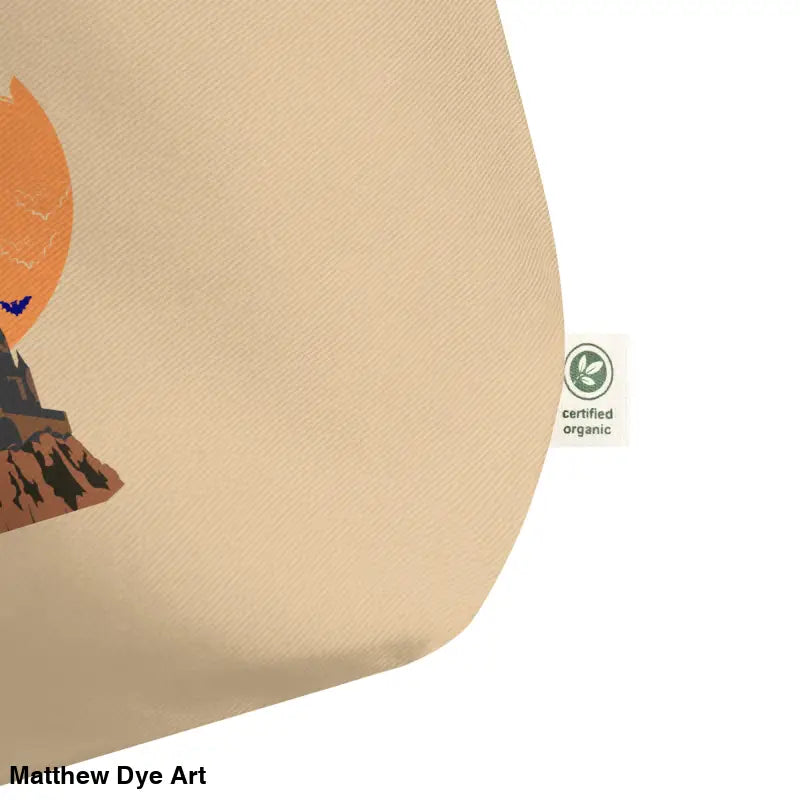 Beige organic cotton tote featuring Matthew Dye art in a Gothic Horror design