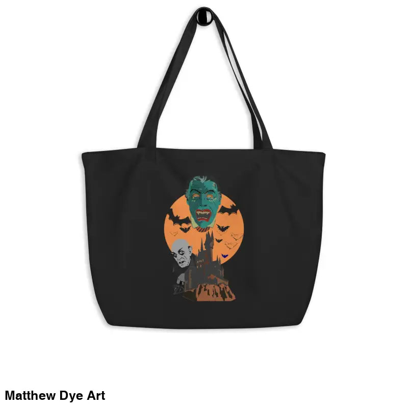 Black organic cotton tote featuring Matthew Dye art in a cute Halloween collection