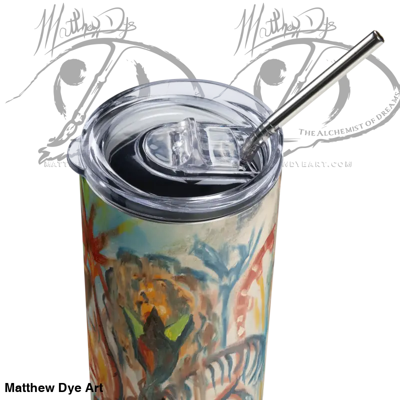 Colorfully patterned Voynich Stainless Steel Tumbler by Matthew Dye Art with a clear lid
