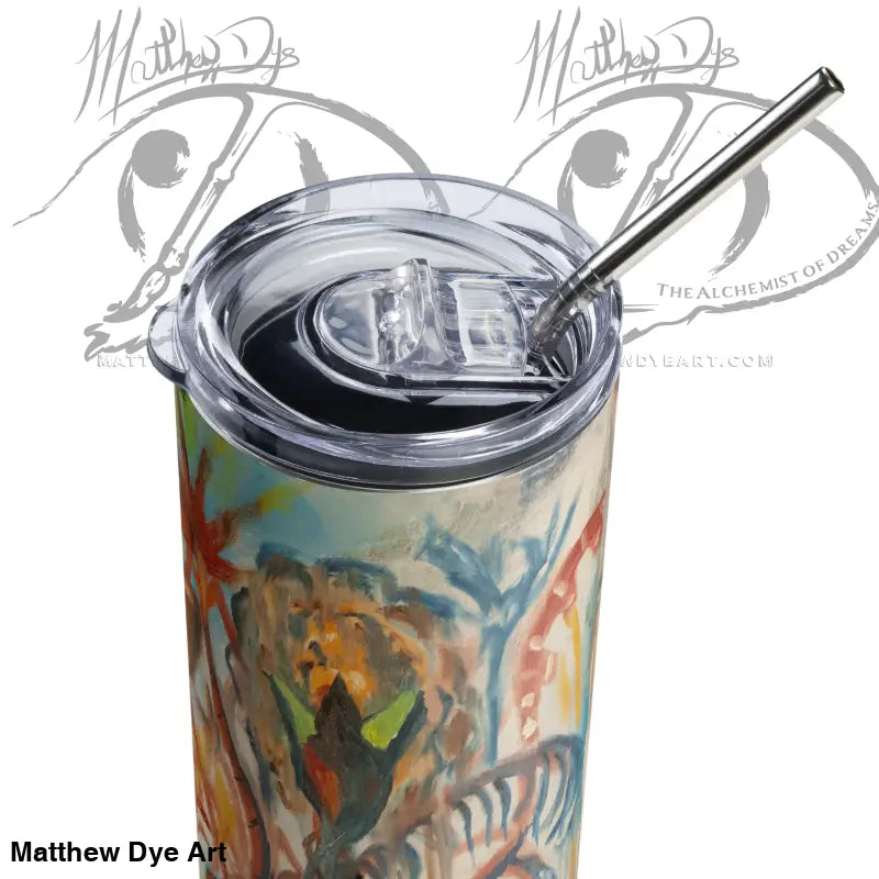 Colorfully patterned Voynich Stainless Steel Tumbler by Matthew Dye Art with a clear lid