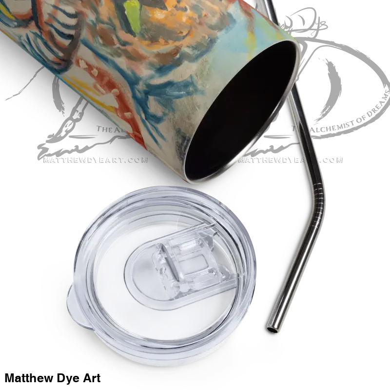 Stainless steel drinking straw with tumbler lid from Matthew Dye Art’s Voynich collection