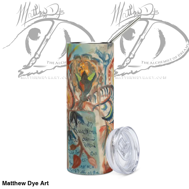 Colorful Voynich Stainless Steel Tumbler by Matthew Dye Art with straw and clear lid