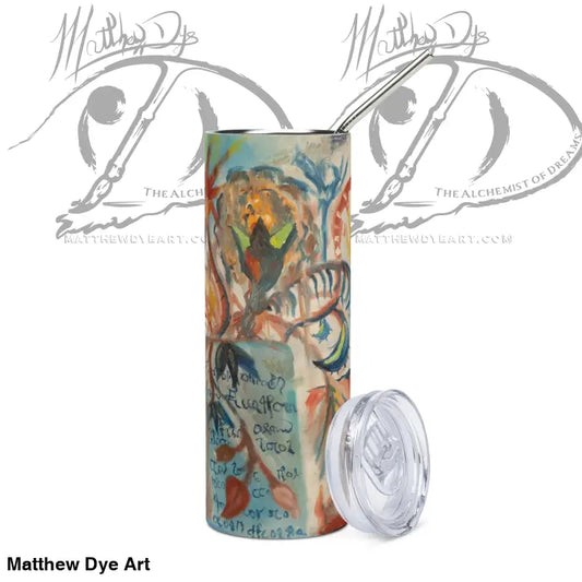 Colorful Voynich Stainless Steel Tumbler by Matthew Dye Art with straw and clear lid