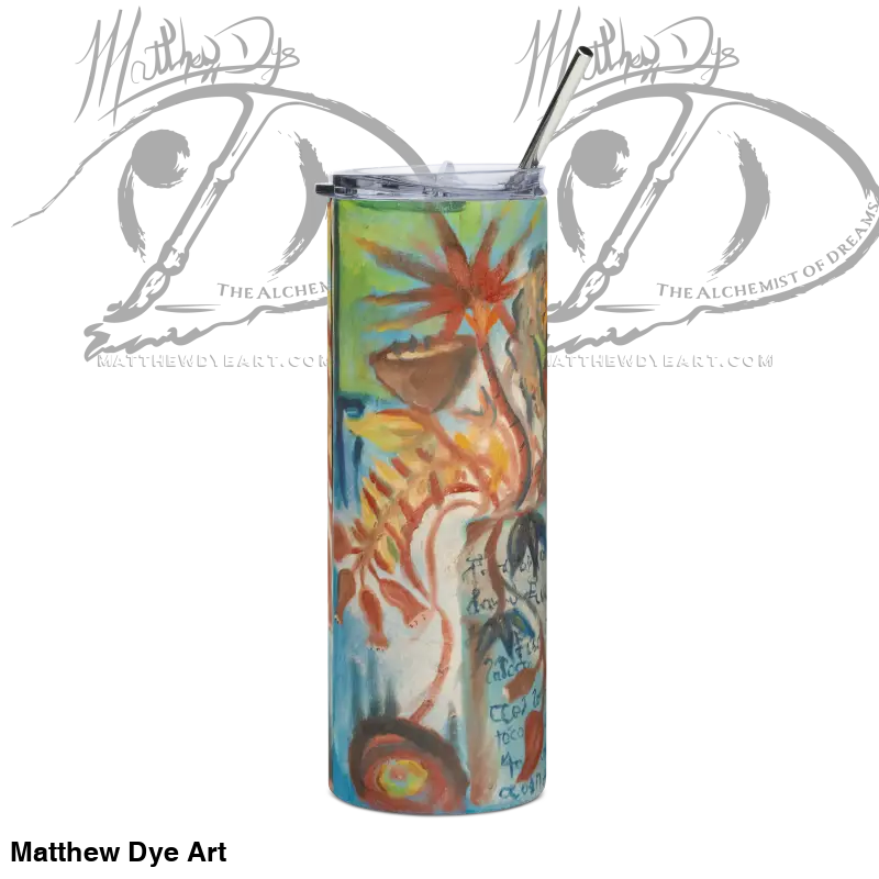 Colorful insulated tumbler with palm tree design by Matthew Dye Art, Voynich Stainless Steel
