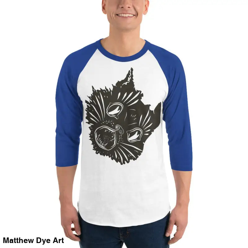 Blue and white Claws Out Ah Kitty Head Tee for fierce feline fantasy fans