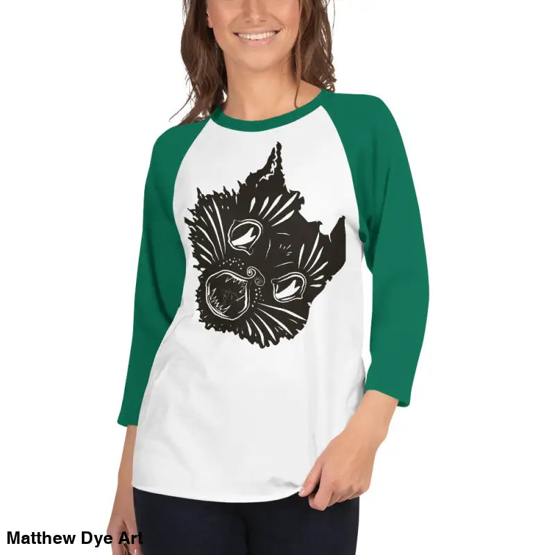 Green and white raglan shirt featuring a fierce feline fantasy black cat graphic
