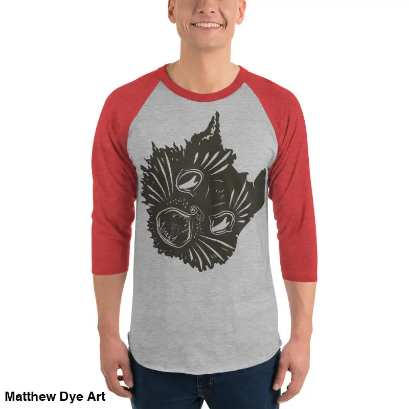 Red and gray baseball tee featuring graphic for fierce feline fantasy enthusiasts