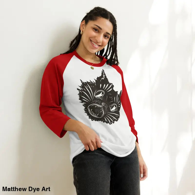 Red and white raglan shirt featuring fierce feline fantasy graphic, Claws Out Tee