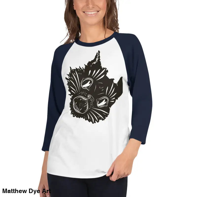 White and navy baseball tee featuring a black cat graphic for feline fantasy baseball