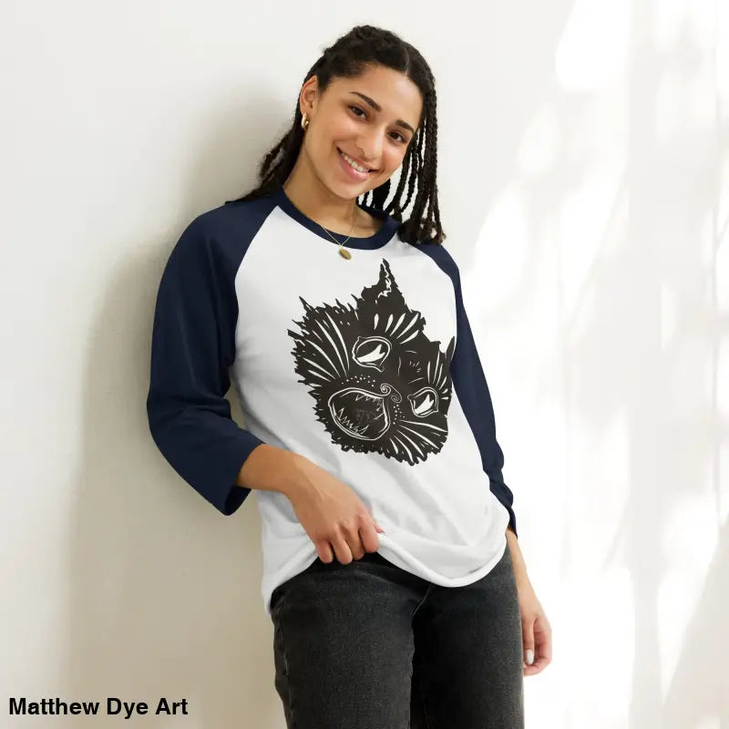 Woman models Claws Out Ah Kitty Head Unisex Raglan Tee featuring a fierce feline fantasy