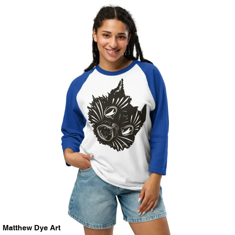 Woman modeling Claws Out Ah Kitty Head Unisex Raglan Tee showcasing a fierce feline fantasy