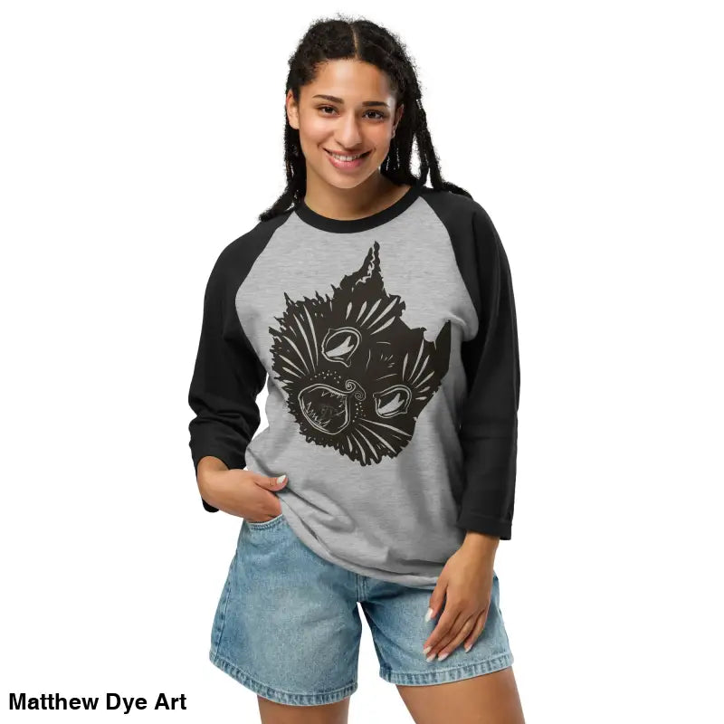Woman models Claws Out Ah Kitty Head Unisex Raglan Tee, embracing fierce feline fantasy