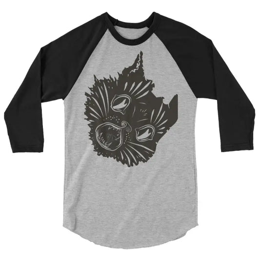 Gray and black raglan shirt featuring a fierce feline fantasy cat face design